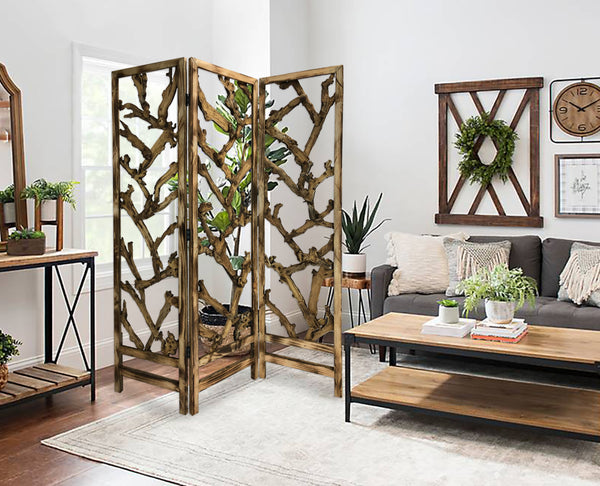 Homeroots Rustic Earthy Wood Root Three Panel Room Divider Screen  Paulownia Wood 376797