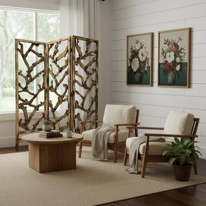 HomeRoots Rustic Wood Root Three Panel Room Divider Screen – Handcrafted Natural Design for Unique Spaces 376797