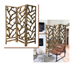 Homeroots Rustic Earthy Wood Root Three Panel Room Divider Screen  Paulownia Wood 376797