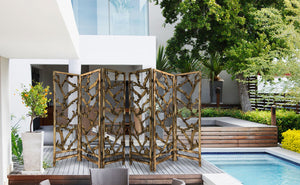 Homeroots Rustic Earthy Wood Root Three Panel Room Divider Screen  Paulownia Wood 376797