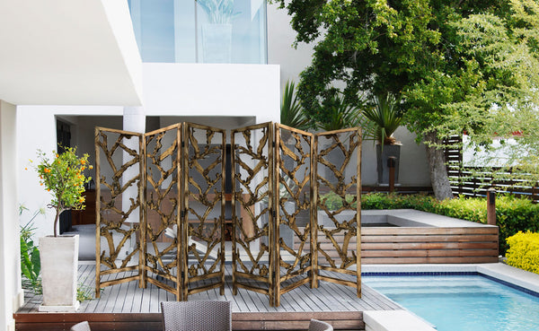 Homeroots Rustic Earthy Wood Root Three Panel Room Divider Screen  Paulownia Wood 376797