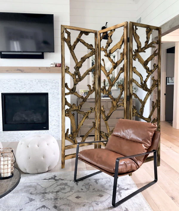 Homeroots Rustic Earthy Wood Root Three Panel Room Divider Screen  Paulownia Wood 376797
