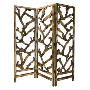 Homeroots Rustic Earthy Wood Root Three Panel Room Divider Screen  Paulownia Wood 376797