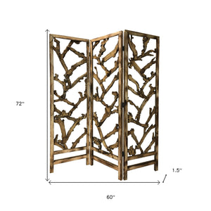 Homeroots Rustic Earthy Wood Root Three Panel Room Divider Screen  Paulownia Wood 376797