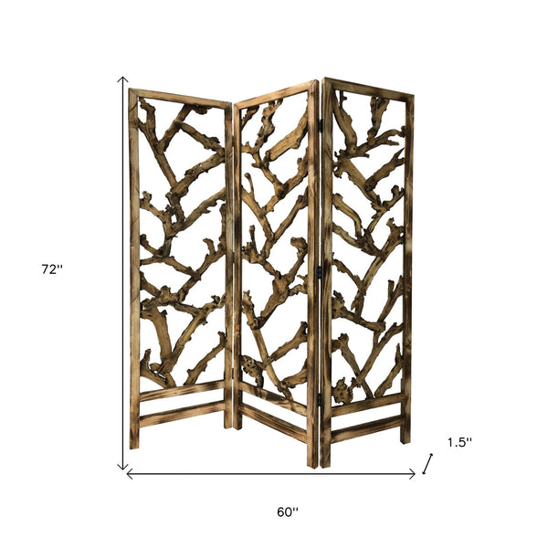 Homeroots Rustic Earthy Wood Root Three Panel Room Divider Screen  Paulownia Wood 376797