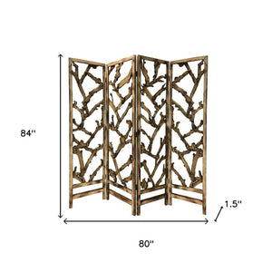 HomeRoots 84" Elegant Folding Four Panel Screen Room Divider - Solid Wood with Contemporary Brown Finish 376798