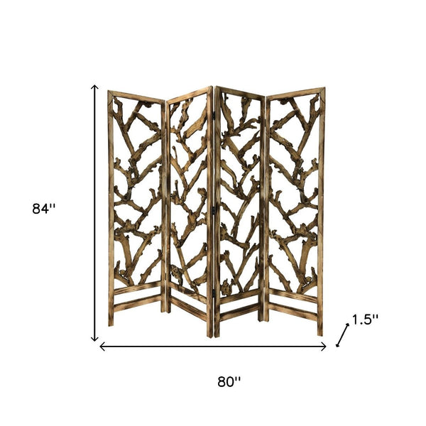 HomeRoots 84" Elegant Folding Four Panel Screen Room Divider - Solid Wood with Contemporary Brown Finish 376798