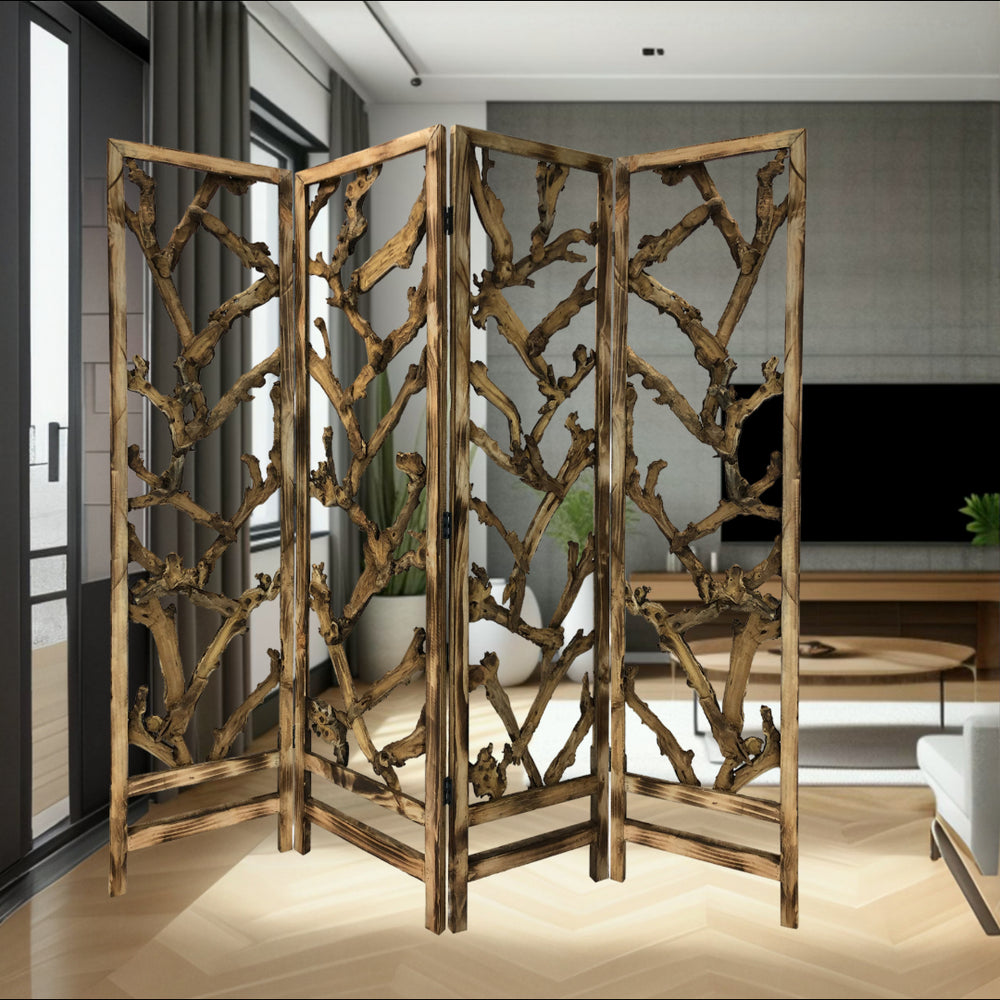 Homeroots 84" Brown Solid Woodfolding Four Panel Screen Room Divider  Paulownia Wood 376798