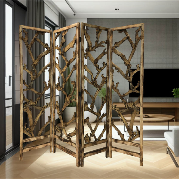 Homeroots 84" Brown Solid Woodfolding Four Panel Screen Room Divider  Paulownia Wood 376798