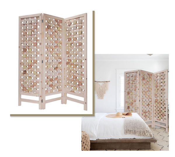 Homeroots 3 Panel Pink Room Divider With Cut Square Wood Design  Paulownia Wood 376799