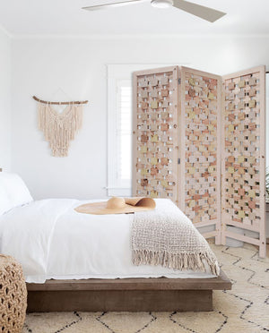 Homeroots 3 Panel Pink Room Divider With Cut Square Wood Design  Paulownia Wood 376799