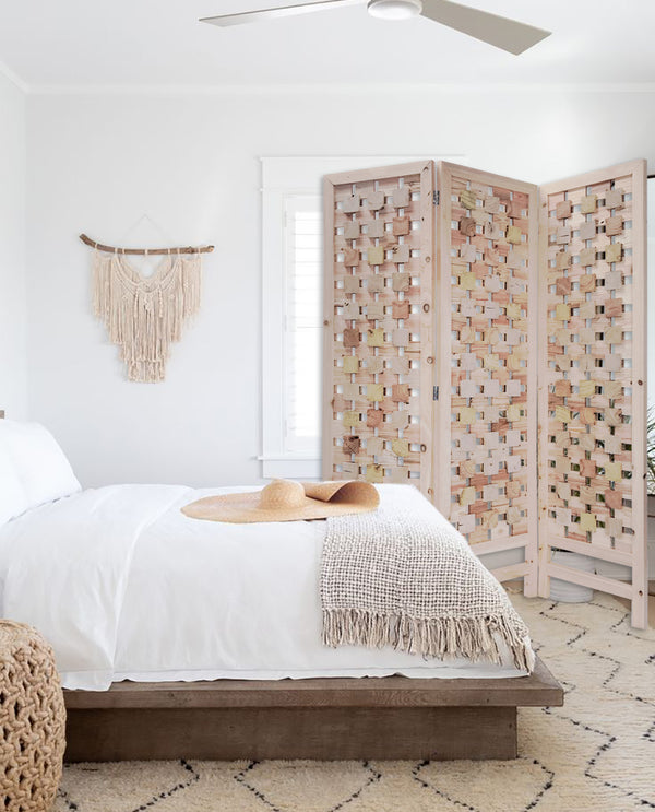 Homeroots 3 Panel Pink Room Divider With Cut Square Wood Design  Paulownia Wood 376799