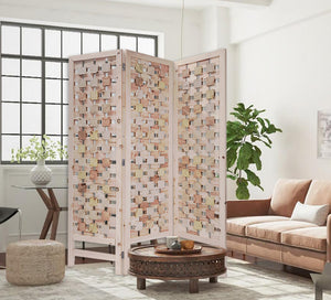 Homeroots 3 Panel Pink Room Divider With Cut Square Wood Design  Paulownia Wood 376799