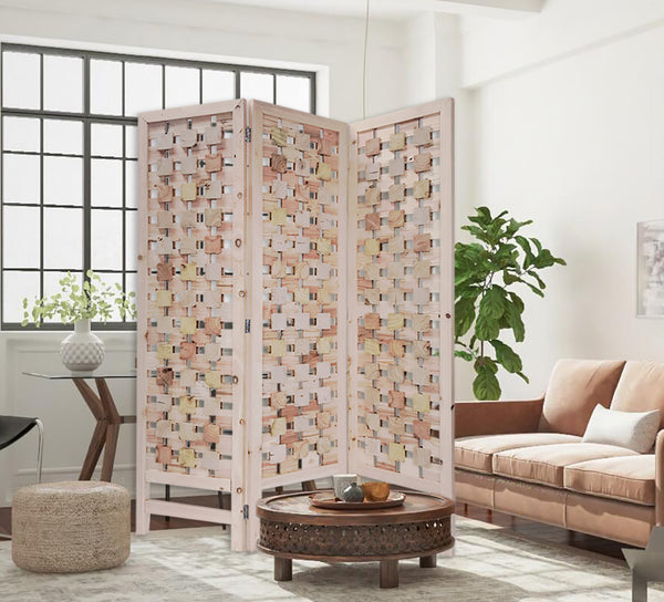 Homeroots 3 Panel Pink Room Divider With Cut Square Wood Design  Paulownia Wood 376799
