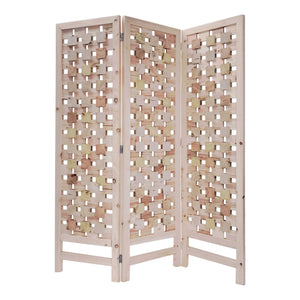 Homeroots 3 Panel Pink Room Divider With Cut Square Wood Design  Paulownia Wood 376799