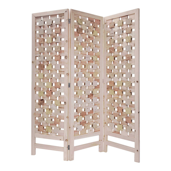 Homeroots 3 Panel Pink Room Divider With Cut Square Wood Design  Paulownia Wood 376799
