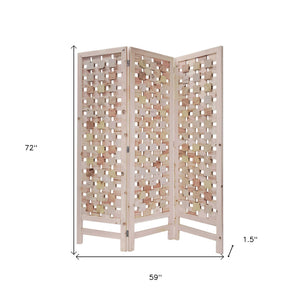 Homeroots 3 Panel Pink Room Divider With Cut Square Wood Design  Paulownia Wood 376799