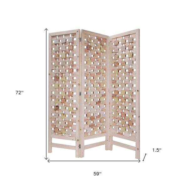 Homeroots 3 Panel Pink Room Divider With Cut Square Wood Design  Paulownia Wood 376799