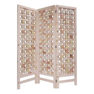 Homeroots 3 Panel Pink Room Divider With Cut Square Wood Design  Paulownia Wood 376799