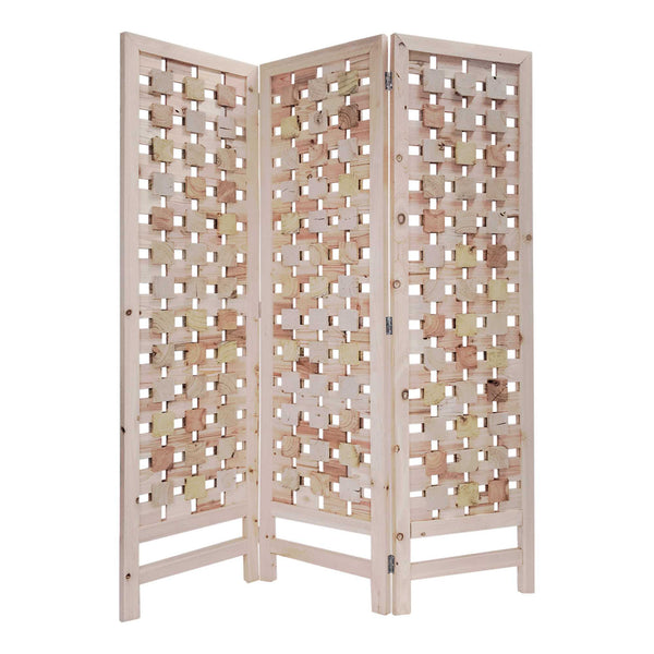 Homeroots 3 Panel Pink Room Divider With Cut Square Wood Design  Paulownia Wood 376799