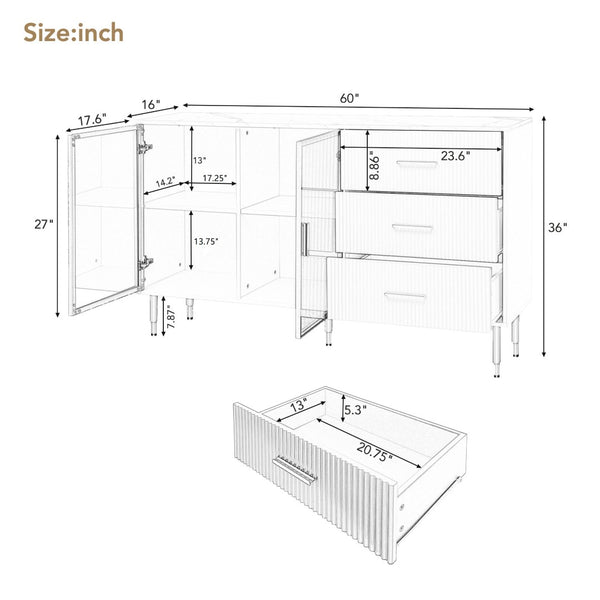 English Elm Trexm Glam Buffet Cabinet Gold Legs Amber Glass Doors Marble Top Dining Storage XW000010AAM
