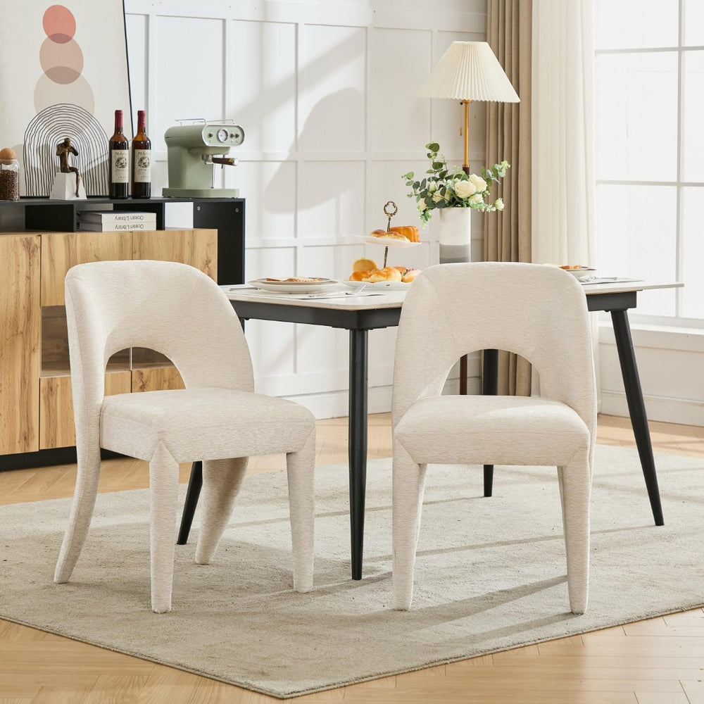 English Elm Beige Chenille Dining Chair Set of 2 with Sculptural Open Back and Iron Frame W3615P500490