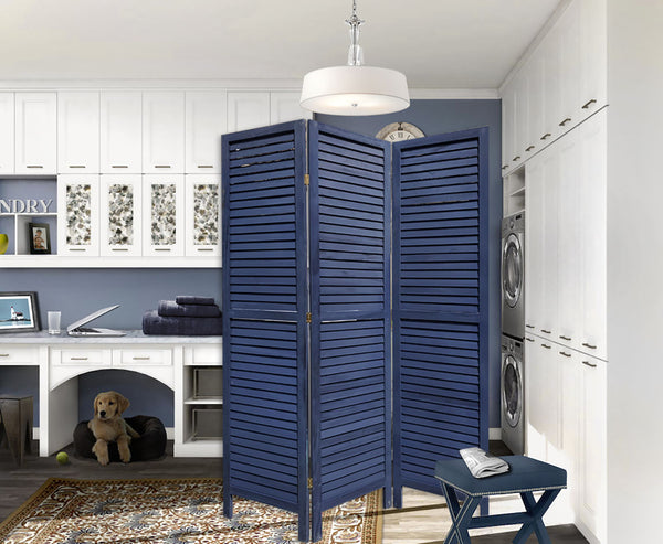 Homeroots 3 Panel Dark Blue Shutter Screen Room Divider  Paulownia Wood 376803