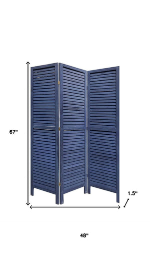 HomeRoots 3 Panel Dark Blue Shutter Screen Room Divider - Stylish Privacy Solution for Any Space, Easy Storage! 376803
