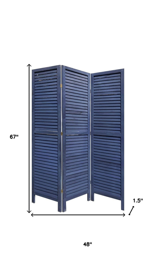 HomeRoots 3 Panel Dark Blue Shutter Screen Room Divider - Stylish Privacy Solution for Any Space, Easy Storage! 376803