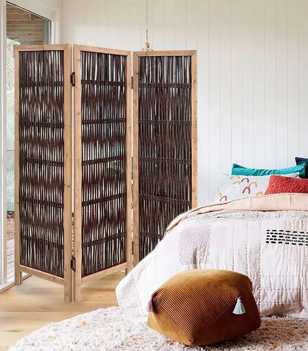 Homeroots 3 Panel Kirkwood Room Divider With Interconnecting Branches Design  Paulownia  Wood And Willow 376806