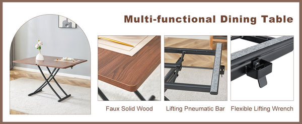 English Elm Table And Chair Set - Modern Adjustable Walnut Lift Table With 4 Soft Linen Dining Chairs, Stylish & Versatile W1151S03774-GIGA