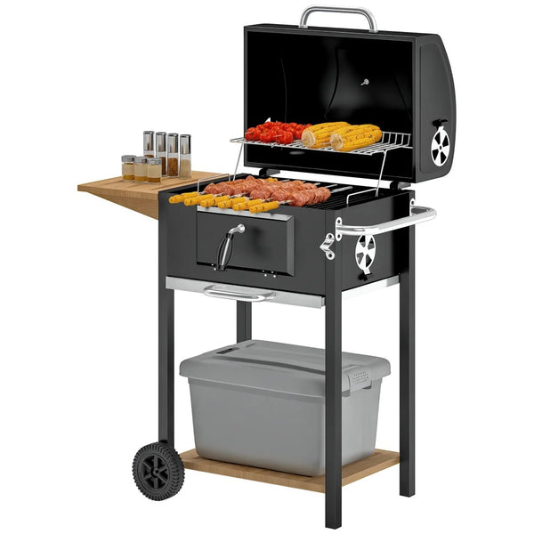 English Elm Black Charcoal Bbq Grill with Adjustable Heat Control Folding Side Table and Shelf T3971P420650