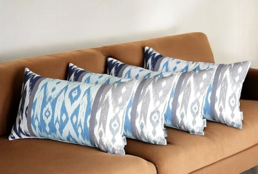 Homeroots Set Of 4 Aqua Blue And Gray Ikat Lumbar Pillow Covers   376871