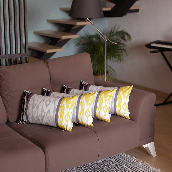 Homeroots Set Of 4 Gray And Yellow Ikat Lumbar Pillow Covers   376872