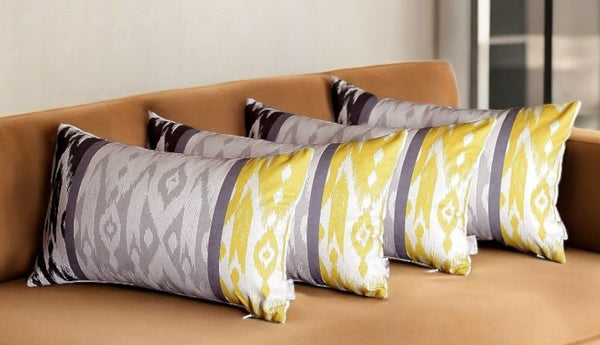 Homeroots Set Of 4 Gray And Yellow Ikat Lumbar Pillow Covers   376872