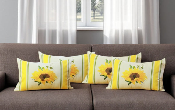 Homeroots Set Of Four 12" X 20" White And Yellow Sunflowers Fabric Lumbar Throw Pillow Covers   376874