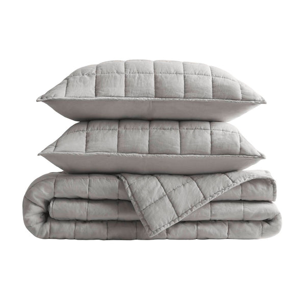 English Elm 3-piece French Linen Quilt Set Garment Washed Breathable Box Stitched Bedding Gray B035P408299