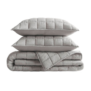 English Elm 3-piece French Linen Quilt Set King Garment Washed Box Stitch Breathable Bedding B035P408300