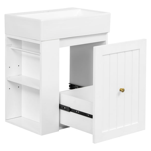 English Elm 20-Inch Compact Bathroom Vanity with Ceramic Sink, Wall-Mounted MDF Cabinet, Modern Space-Saver Design White N725P314023K