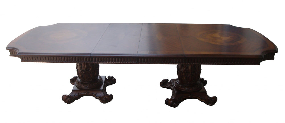 Homeroots 136" Brown Solid Wood And Solid Manufactured Wood Double Pedestal Base Dining Table   376940