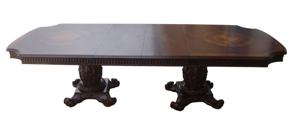 Homeroots 136" Brown Solid Wood And Solid Manufactured Wood Double Pedestal Base Dining Table   376940