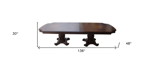 HomeRoots 136" Elegant Brown Solid Wood Double Pedestal Dining Table for Timeless Style & Durability 376940