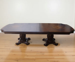 Homeroots 136" Brown Solid Wood And Solid Manufactured Wood Double Pedestal Base Dining Table   376940