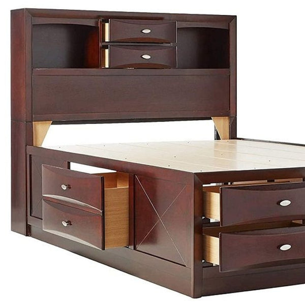HomeRoots Espresso King Bed Frame with 10 Drawers & Bookcase Headboard - Stylish, Durable Storage Solution 376949