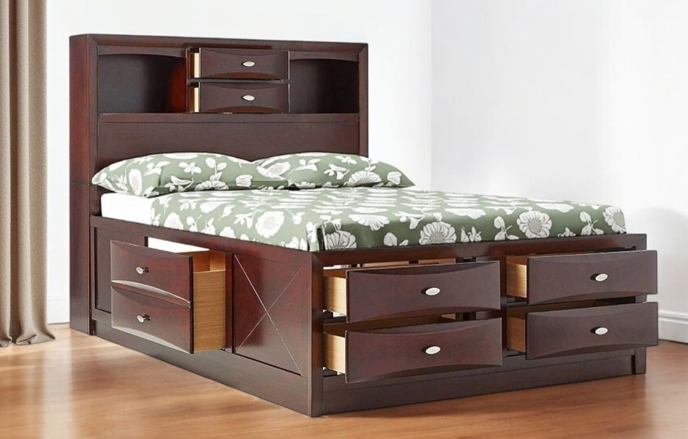 HomeRoots Espresso King Bed Frame with 10 Drawers & Bookcase Headboard - Stylish, Durable Storage Solution 376949