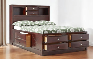 HomeRoots Espresso King Bed Frame with 10 Drawers & Bookcase Headboard - Stylish, Durable Storage Solution 376949