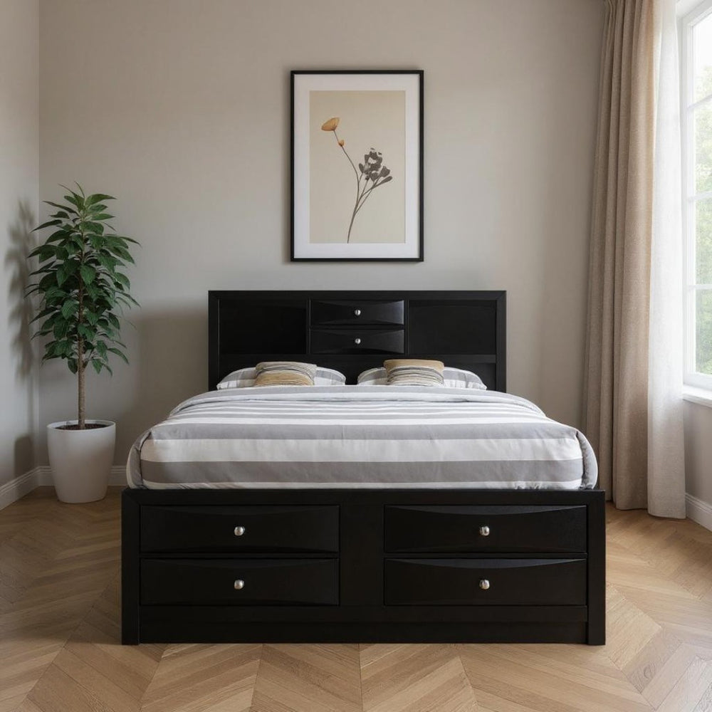 HomeRoots Black Wood King Bed Frame with 8 Drawers & Bookcase Headboard – Stylish Storage for Your Bedroom 376950