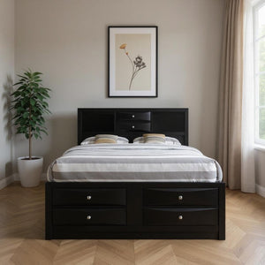 HomeRoots Black Wood King Bed Frame with 8 Drawers & Bookcase Headboard – Stylish Storage for Your Bedroom 376950