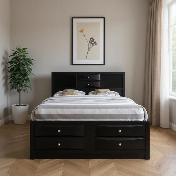 HomeRoots Black Wood King Bed Frame with 8 Drawers & Bookcase Headboard – Stylish Storage for Your Bedroom 376950