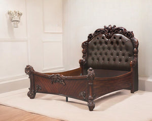 Homeroots Dark Brown Tufted Upholstered Faux Leather Bed Frame  Wood 376952